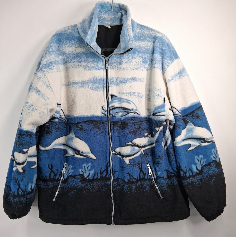 Vintage Full Zip Fleece Dolphin Jacket Women's Size Large Blue White Ocean Scene
